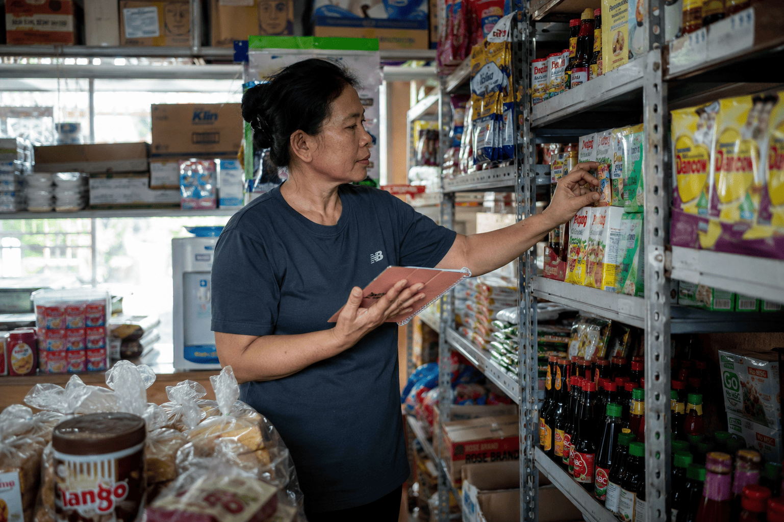 pemilik toko mengelola stok barang di rak