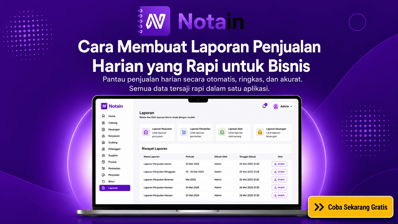 Tampilan dashboard aplikasi Notain yang menampilkan menu Laporan dengan kategori Laporan Penjualan, Pembelian, Stok, dan Keuangan, beserta tabel riwayat laporan penjualan harian, mingguan, dan bulanan untuk membantu bisnis menyatukan penjualan secara otomatis dan akurat.