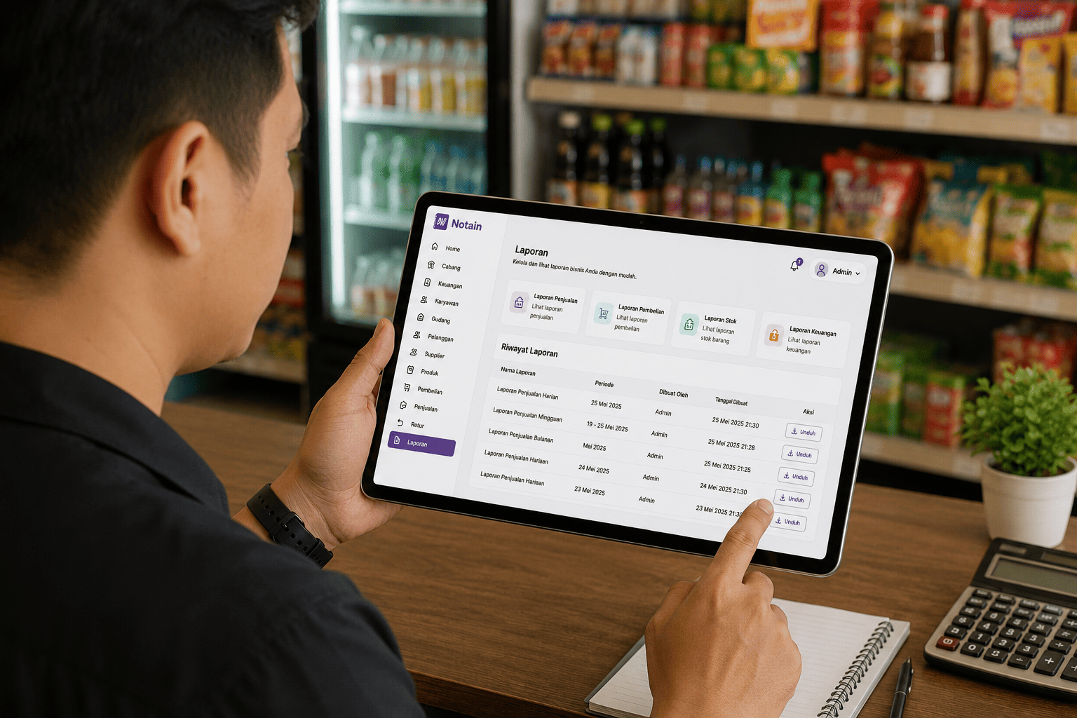 Pemilik toko sedang membuat laporan penjualan harian menggunakan tablet dengan aplikasi kasir Notain untuk memantau omzet, transaksi, dan laporan bisnis secara otomatis.