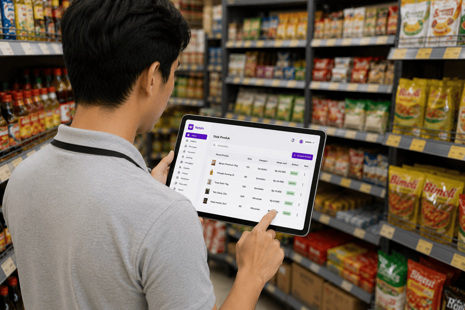 Pemilik toko sedang mengelola stok barang menggunakan tablet yang menampilkan fitur stok barang aplikasi Notain di dalam minimarket.