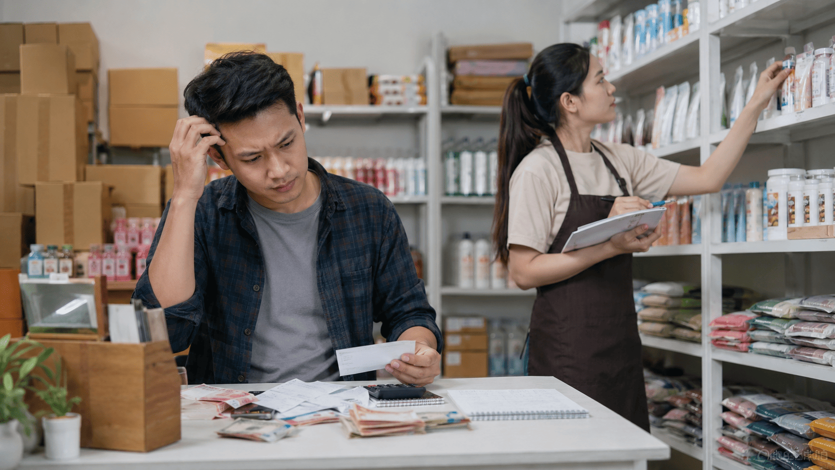 Pemilik usaha pria Indonesia memeriksa keuangan toko yang tidak sesuai sambil menghitung uang, nota, dan pengeluaran, sementara karyawan wanita mengecek stok barang yang menumpuk di rak.