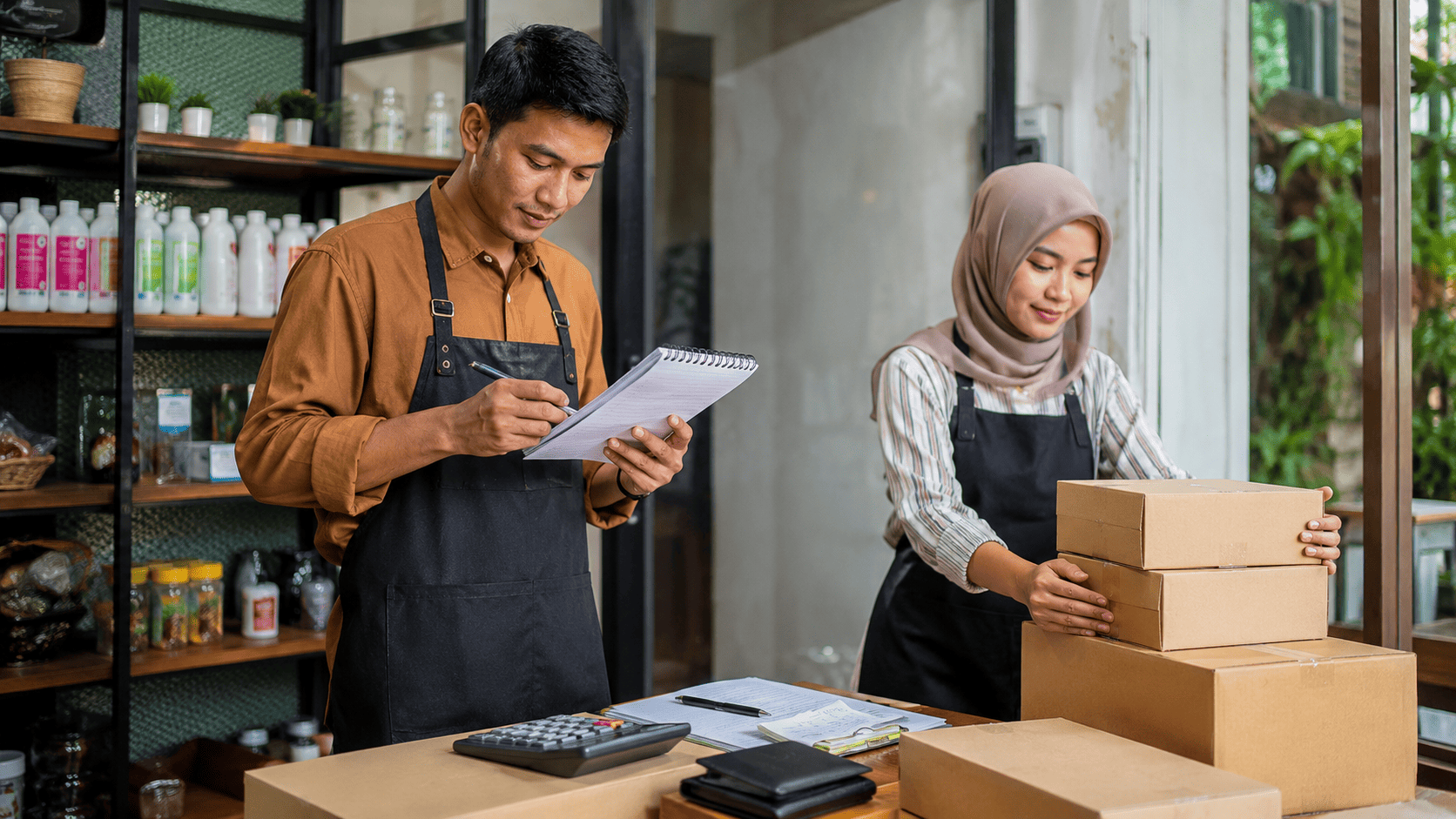 Pemilik usaha dan karyawan merencanakan penggunaan modal usaha kecil