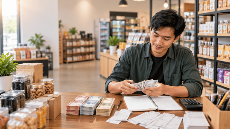 Pemilik usaha sedang mengatur uang, nota transaksi, dan catatan keuangan di meja kasir toko retail.