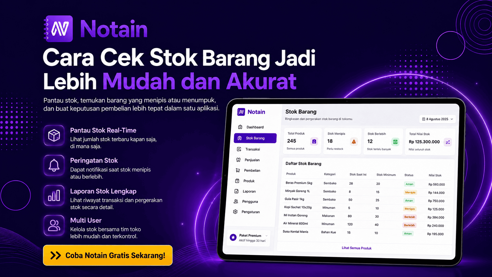 Promosi Notain untuk memantau stok barang agar tidak kehabisan atau menumpuk melalui fitur pengelolaan stok.