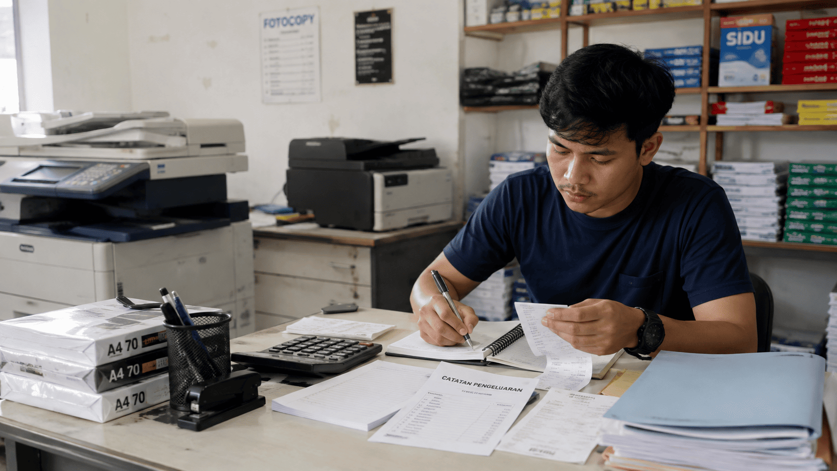 Pemilik usaha fotocopy menghitung dan mengatur modal serta biaya operasional usaha