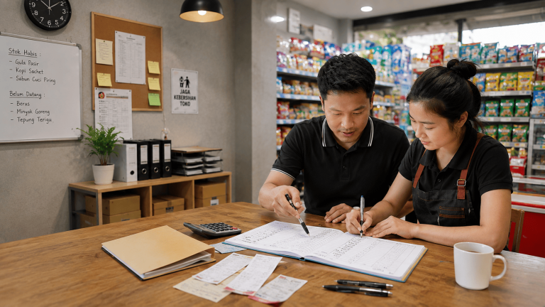 Pemilik minimarket dan karyawan menyusun laporan arus kas dengan mencatat saldo awal, pemasukan, pengeluaran, dan saldo akhir di buku kas.
