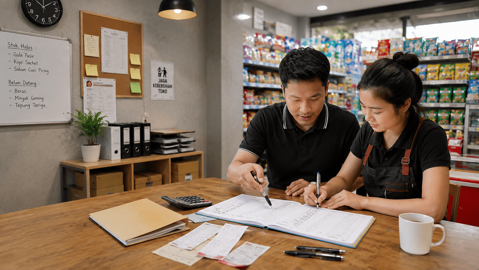 Pemilik minimarket dan karyawan menyusun laporan arus kas dengan mencatat saldo awal, pemasukan, pengeluaran, dan saldo akhir di buku kas.