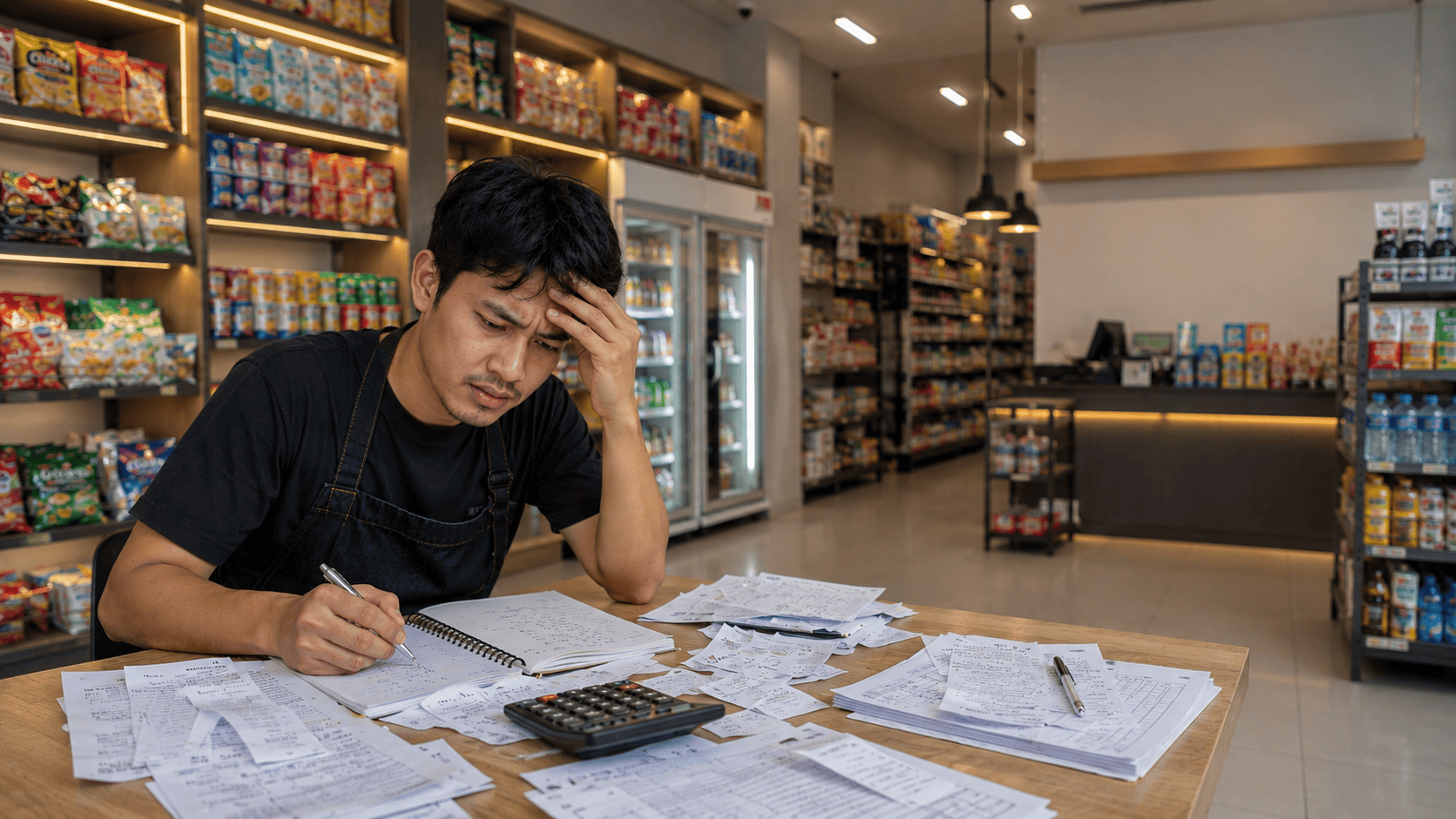 Pemilik minimarket terlihat bingung saat menemukan kesalahan dalam perhitungan HPP setelah membandingkan laporan stok dan nota pembelian.