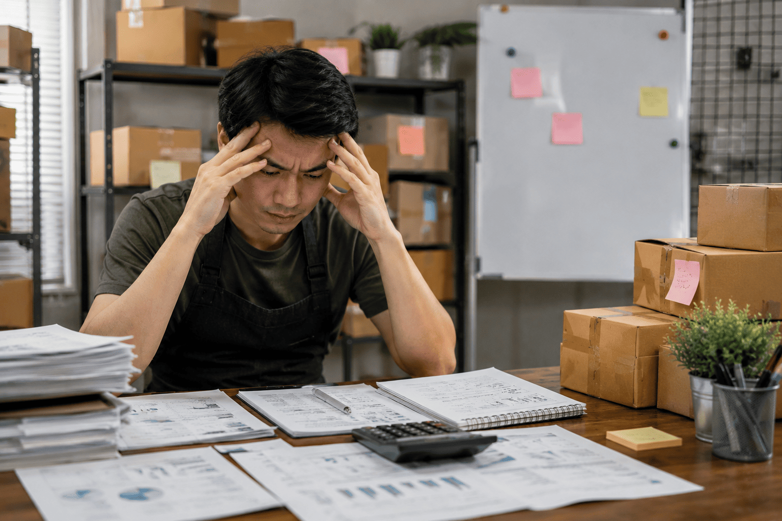 Pemilik usaha terlihat pusing saat menghitung modal bisnis di meja kerja