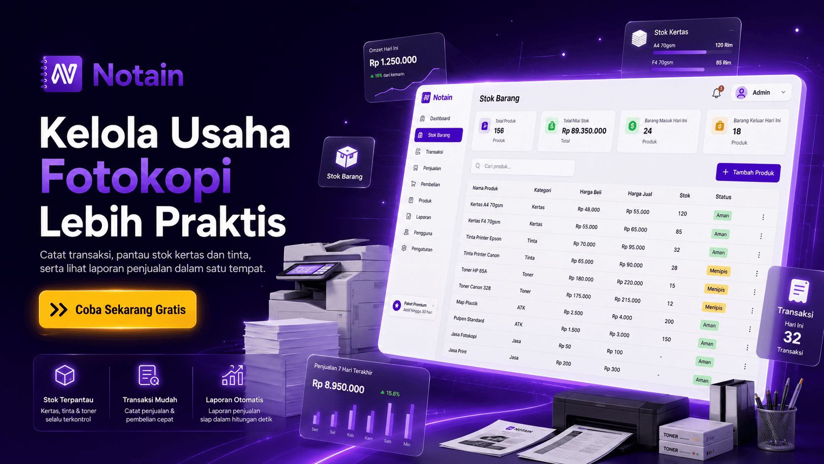 Banner Notain untuk mengelola transaksi dan stok usaha fotokopi secara praktis