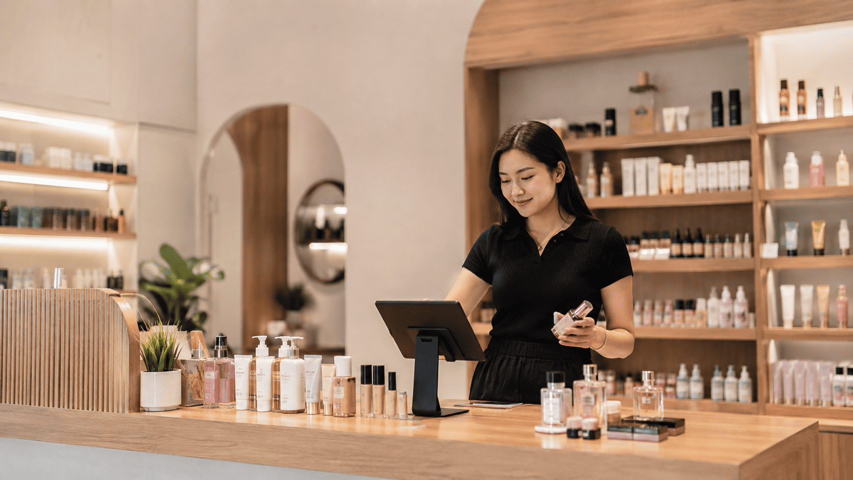 Pemilik toko kosmetik sedang mengelola produk dan transaksi di meja kasir