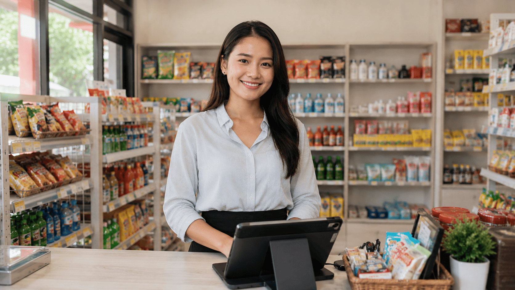 Pemilik toko retail memeriksa produk dan persediaan barang di dalam toko