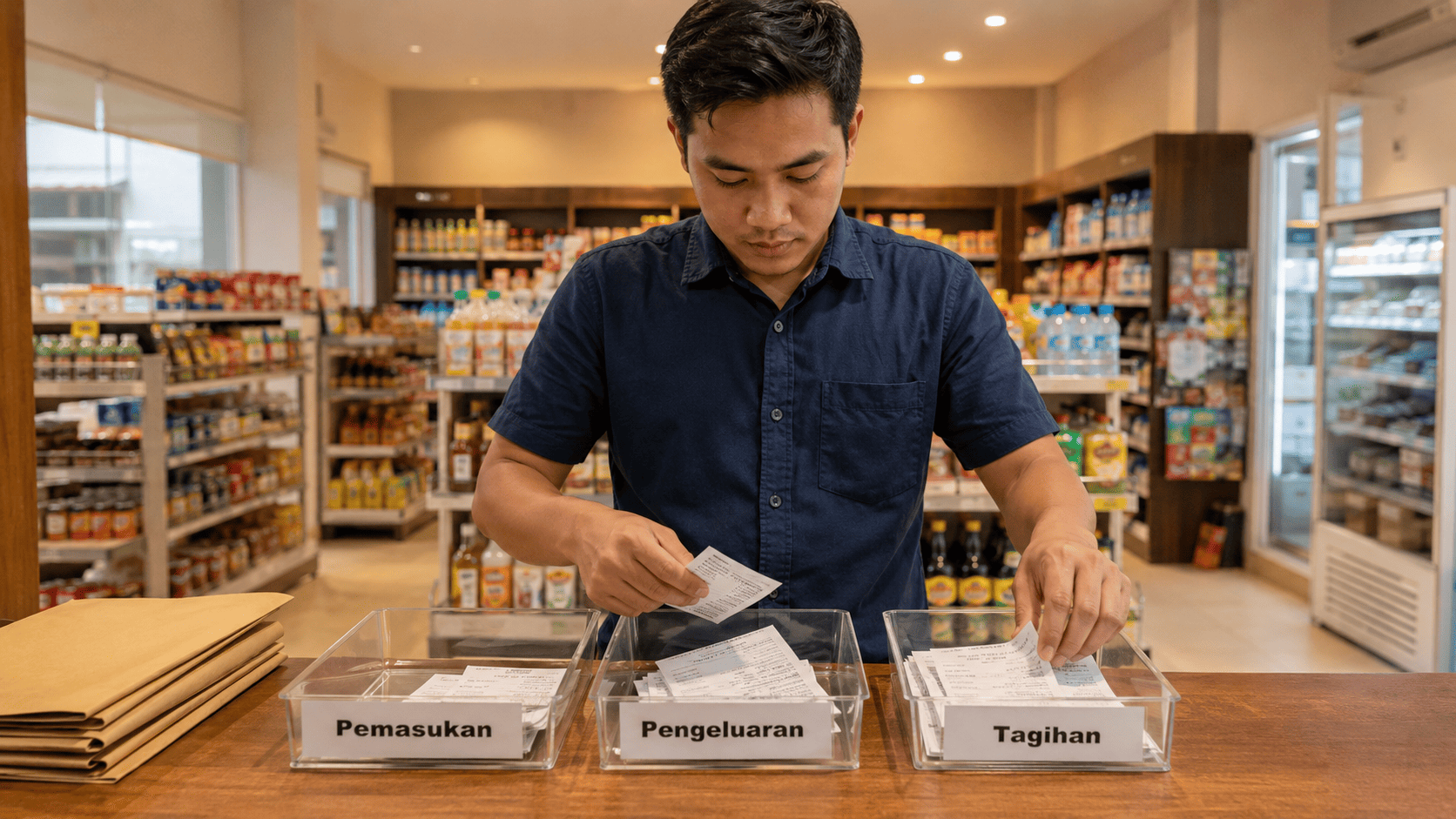 Pemilik minimarket mencatat pemasukan dan pengeluaran di buku kas untuk mengelola arus kas usaha.