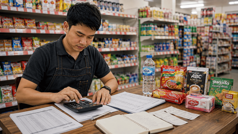 Pemilik minimarket menghitung HPP menggunakan laporan stok dan pembelian barang untuk menentukan harga jual produk dengan lebih akurat.