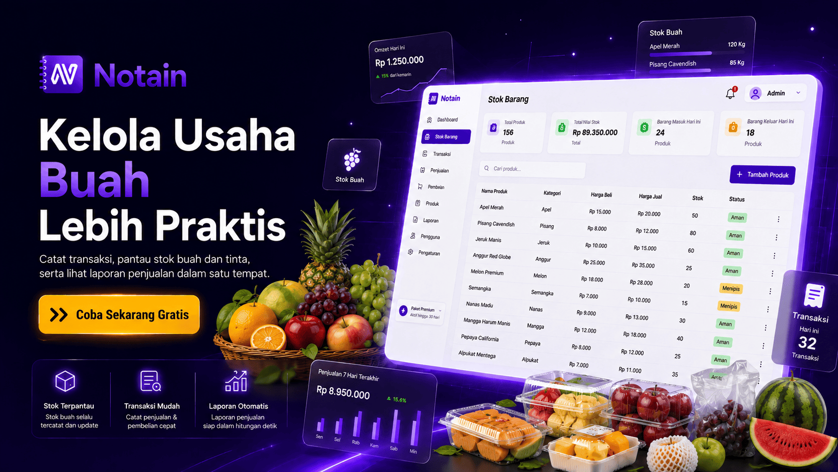 aplikasi kasir untuk toko buah dengan Notain