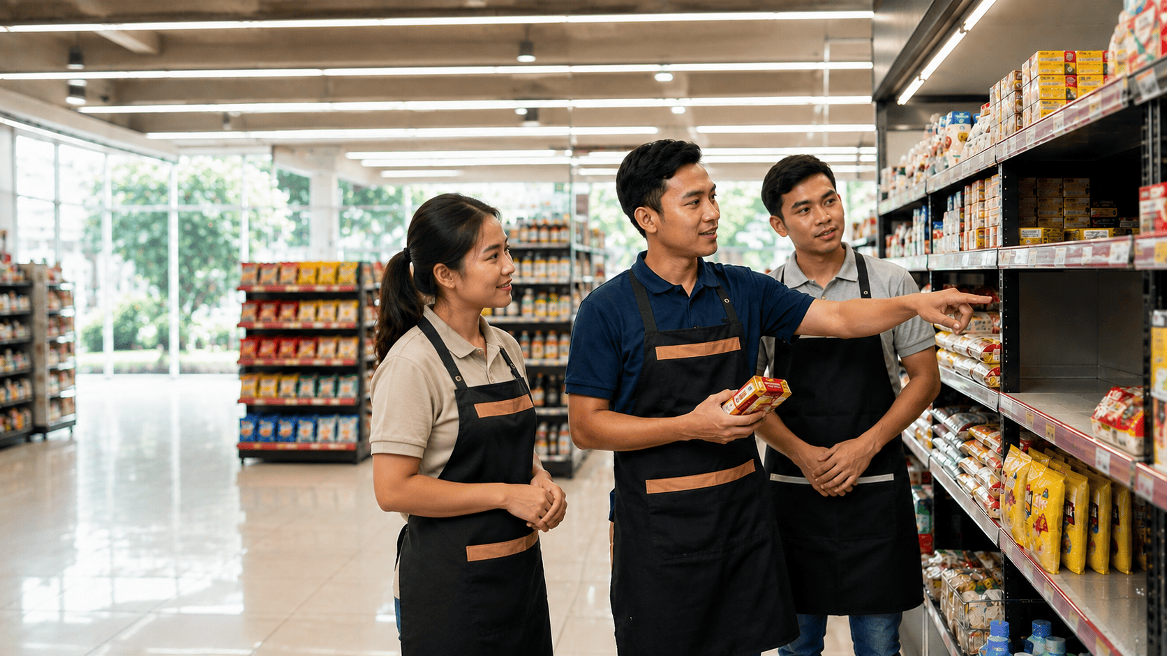 Pemilik toko dan karyawan mengecek stok barang