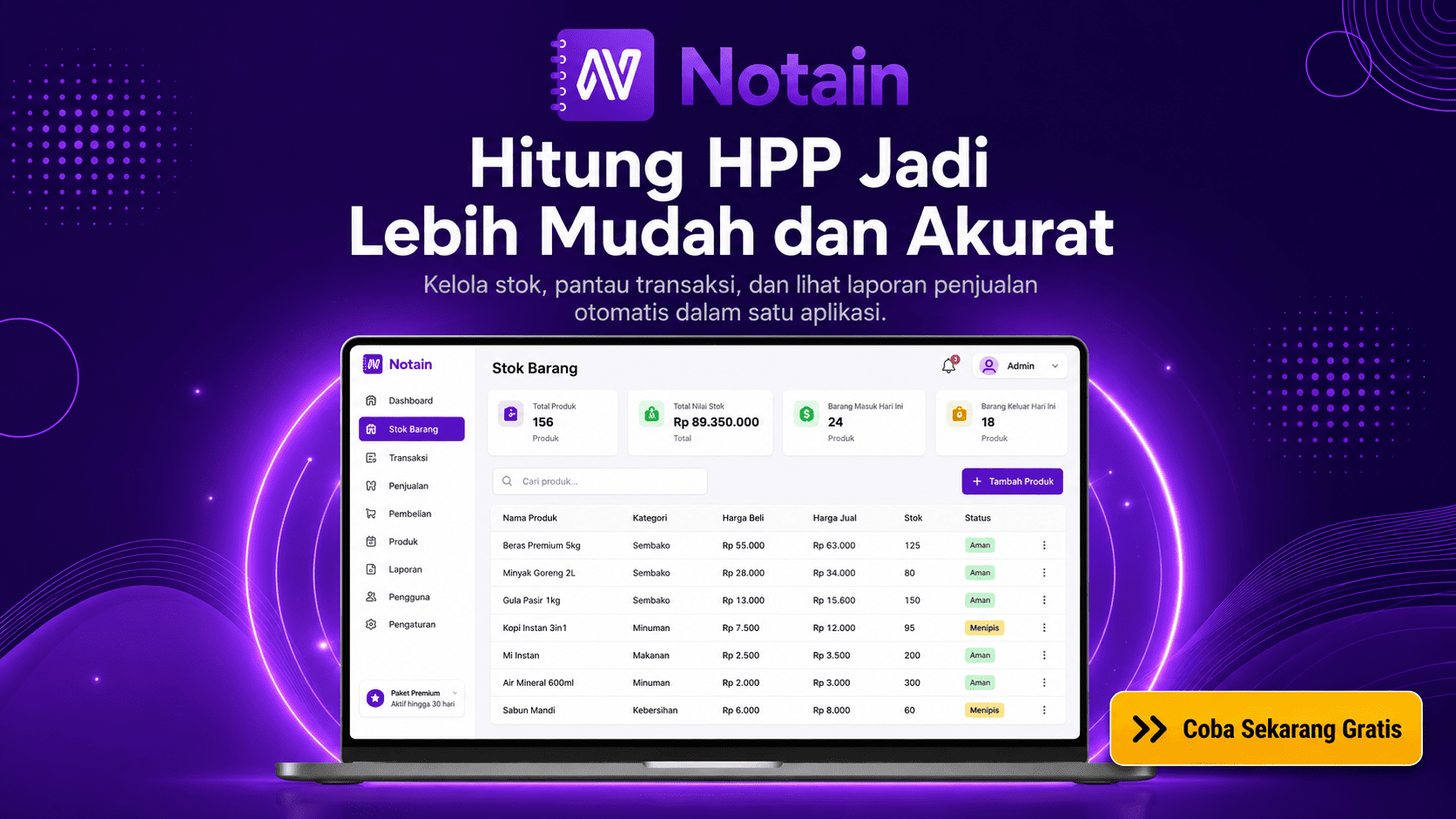 Halaman stok barang Notain yang membantu menghitung HPP melalui data harga beli, harga jual, dan stok produk.