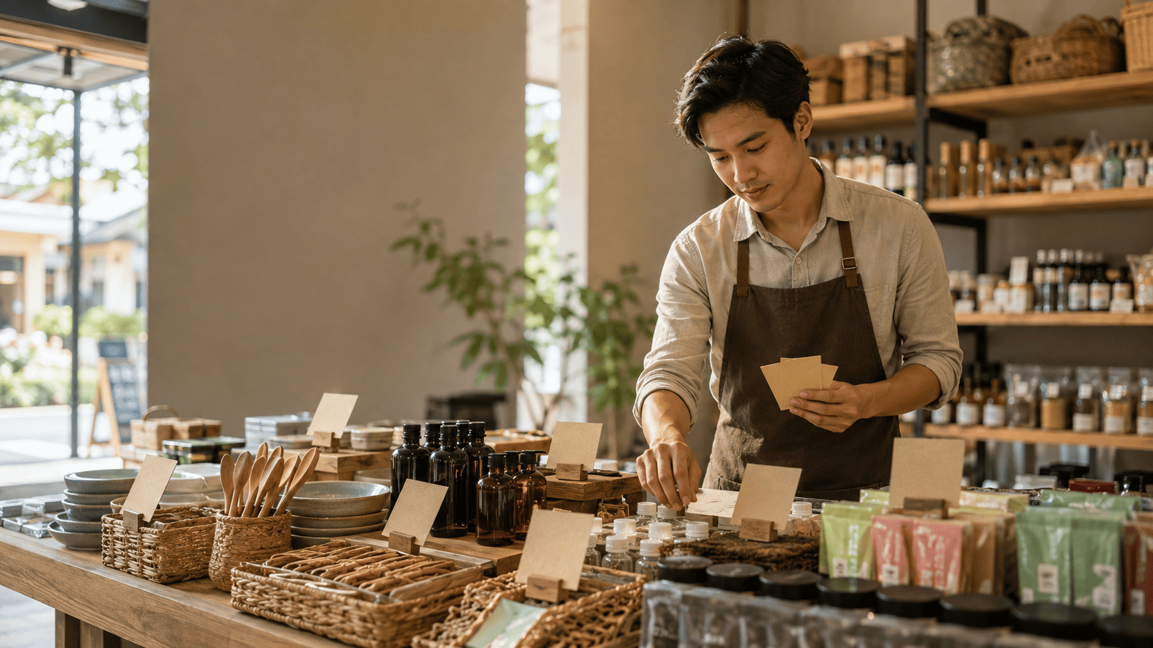 Pemilik toko mengatur label harga produk untuk menentukan harga jual yang sesuai